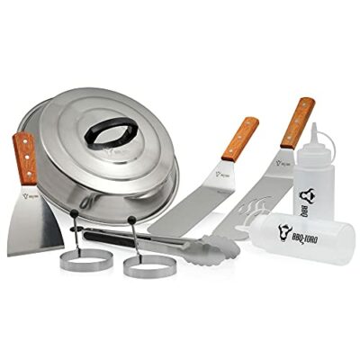 BBQ-Toro 9-teiliges Edelstahl Grill Plancha Zubehör Set | Plancha Grill Zubehör Set mit Wärmeglocke, Pfannenwender, Spachtel, Grillzange, Spritzflaschen, Eiformen | Teppanyaki Grill Werkzeug
