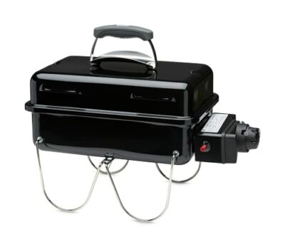 Weber Go-Anywhere Gasgrill, 42 x 26cm Grillfläche, leichter tragbarer BBQ Grill, Tisch-Campinggrill mitporzellanemaillierter Schale & Deckel, umklappbare Standfüße - Schwarz (1141079)